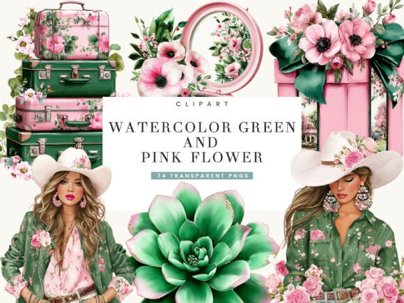Download Watercolor Green and Pink Flower Clipart - Ink Collection